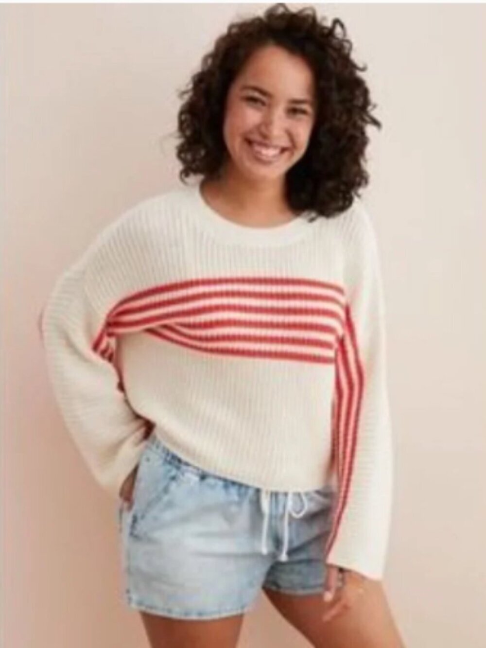Aerie Women's Size XS Striped Pullover Sweater Cream Red Stripes FLAWED